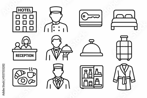 Hotel icon set featuring reception, room, and staff illustrations