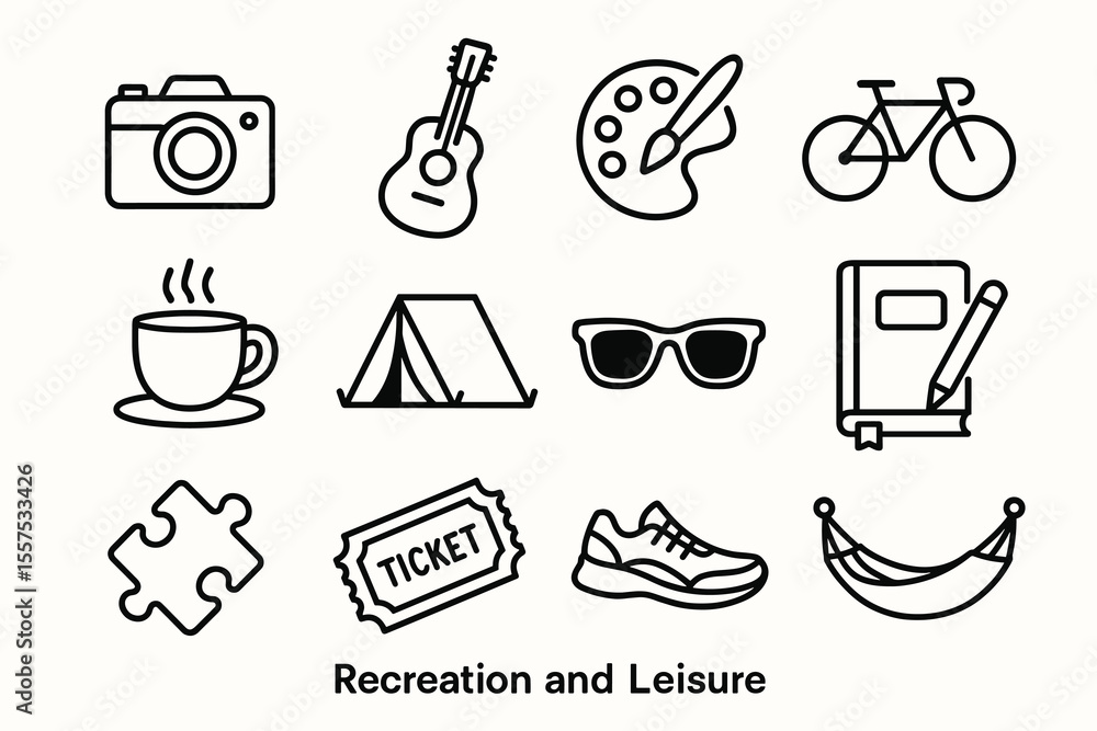 Fototapeta premium Recreation and leisure icons: camera, guitar, art, bicycle, coffee, tent, sunglasses, book, puzzle, ticket, sneakers, hammock