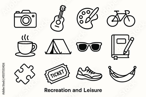 Recreation and leisure icons: camera, guitar, art, bicycle, coffee, tent, sunglasses, book, puzzle, ticket, sneakers, hammock