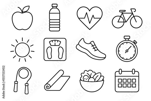 Fitness and health icons: apple, water bottle, heartbeat, bicycle, sun, scale, shoes, stopwatch, jump rope, yoga mat, salad, calendar