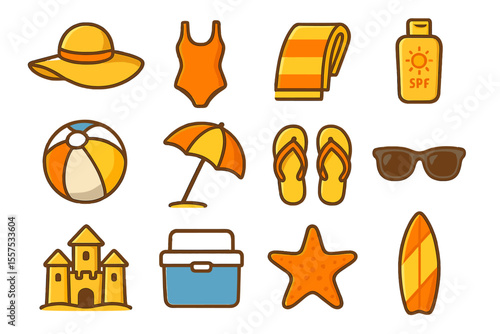 Colorful summer icons featuring beachwear and sun essentials on yellow background