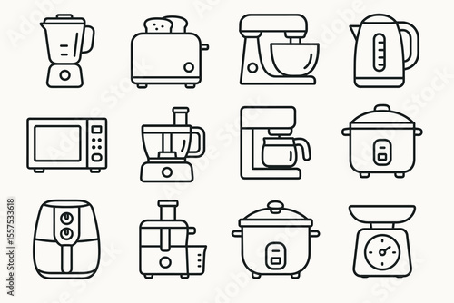 Essential kitchen appliances outline icons - blender, toaster, mixer, kettle, microwave