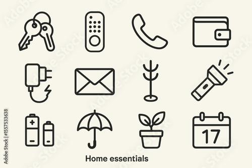 Essential household items icons: keys, remote, phone, charger, mail, wallet, coat rack, flashlight, battery, umbrella, plant, calendar
