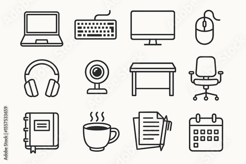 Office essentials: laptop, keyboard, monitor, mouse, headphones, webcam, desk, chair, notebook, coffee, documents, calendar