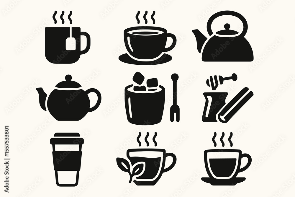 Fototapeta premium Black silhouette icons of tea and coffee items including cups and teapots