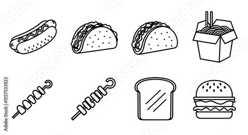 Line drawing of various food items including hotdog tacos noodles skewers bread and burger
