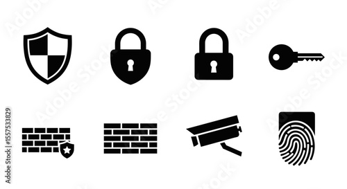 Illustration of security icons including shield, locks, key, wall, camera, fingerprint