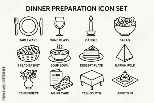 Dinner preparation icon set with tableware, wine glass, candle, and appetizer graphics