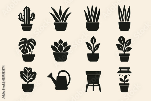 Black silhouette icons of various potted plants and gardening tools on beige background