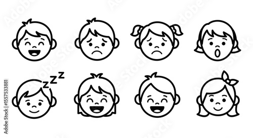 Collection of eight cartoon faces displaying various emotions and expressions in black outline