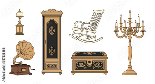 Illustration of antique furniture including a gramophone, wardrobe and rocking chair