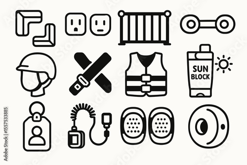 Safety equipment icons: helmet, life vest, sunblock, safety belt, plug, barrier, socket