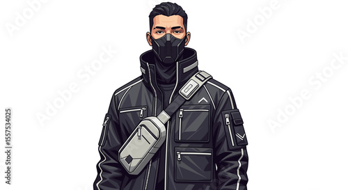 Illustration of a man wearing a black jacket and mask with a shoulder bag on a white background