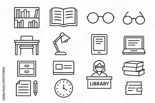 Library essentials: books, glasses, desk, lamp, e-reader, laptop, librarian icon set