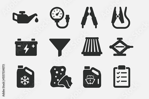 Essential car maintenance icons: battery, oil, tools, gauges, checklist, funnel