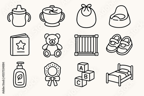 Baby essentials icons set: bottle, bowl, bib, potty, book, teddy, gate, shoes, lotion, teething ring, blocks, bed