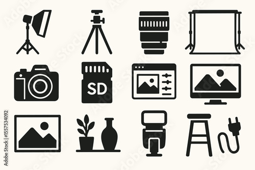Photography equipment icons including camera, tripod, lens, backdrop, sd card, and lighting setup
