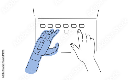 Robot and human hand working together on keyboard. Artificial intelligence and collaboration concept. Futuristic technology for business.vector doodle hand drawn sketch illustration	
