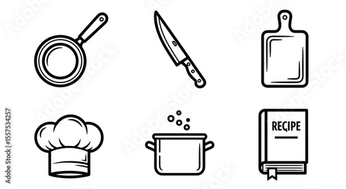 Illustration of kitchen utensils including a pan, knife, cutting board, and recipe book