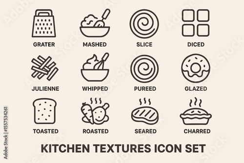 Kitchen textures icon set featuring grater, mashed, slice, diced, and more