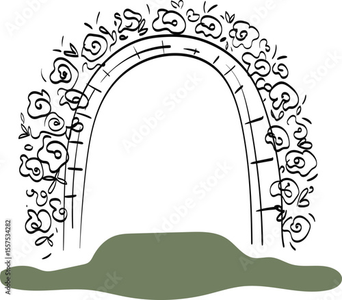 Black metal wedding arch, decorated with white hydrangeas and green foliage, 