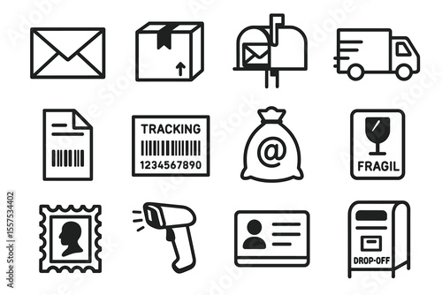 Mail and delivery icons set: envelopes, packages, tracking, and more