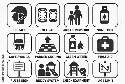 Safety icons for playground: helmets, supervision, sunblock, and first aid