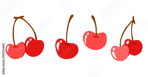 Cherry. Hand drawn flat sweet red cherries. Bunches of cherry isolated on a white background.