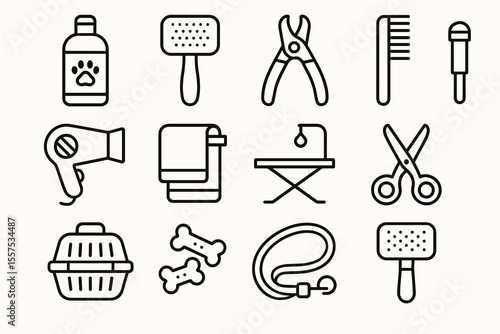 Pet grooming essentials icons: brush, clippers, scissors, comb, dryer, leash