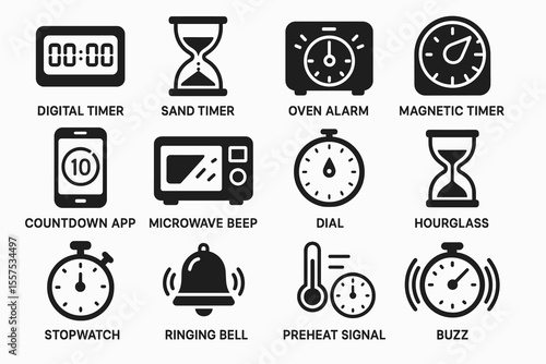 Variety of timers and alarms: digital, sand, oven, magnetic, and more icons
