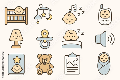 Baby nursery icons set featuring sleeping infant, mobile, teddy bear, and monitor