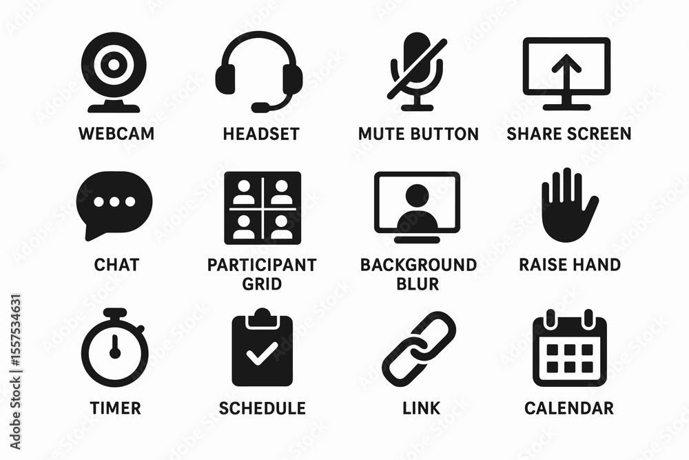 Webcam icon set: communication tools for virtual meetings and online collaboration