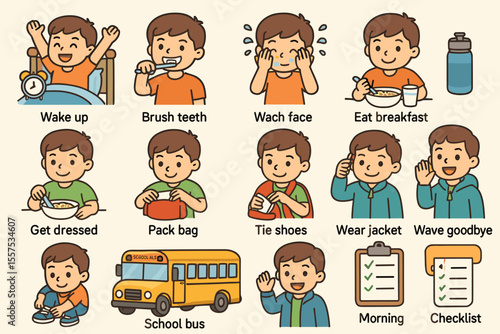 Morning routine for young caucasian male child: wake up to school bus journey