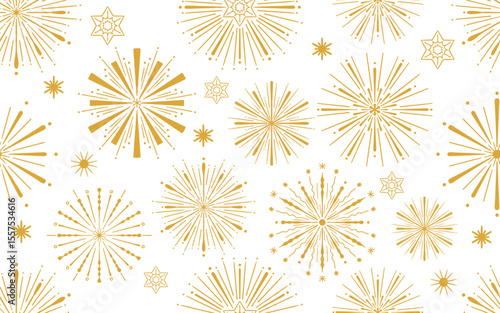 Hand drawn doodle fireworks Seamless Pattern. Gold fireworks pattern in white background.