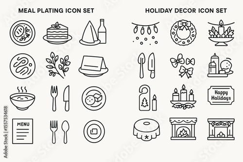 Meal plating and holiday decor icon set with food and festive symbols