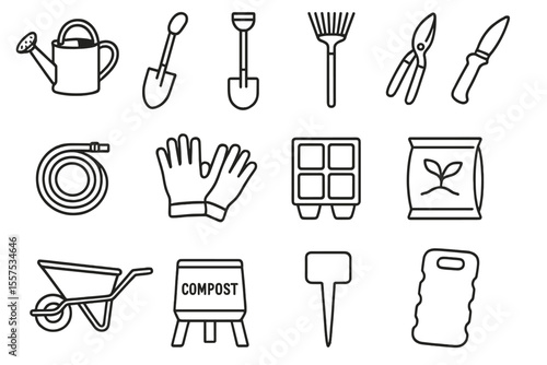 Garden tools icons set: watering can, trowel, shovel, rake, pruners, hose, gloves, seed trays, compost bin
