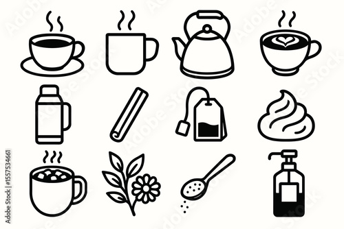 Collection of tea and coffee icons: cups, kettle, tea bag, whipped cream, thermos