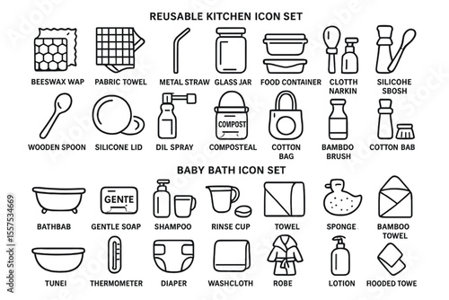 Reusable kitchen and baby bath icon set featuring eco-friendly tools