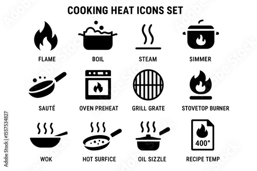 Cooking heat icons set: flame, boil, steam, simmer, sauté, and more