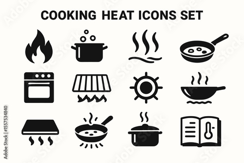 Cooking heat icons set: fire, stove, oven, pot, pan, grill, temperature symbols
