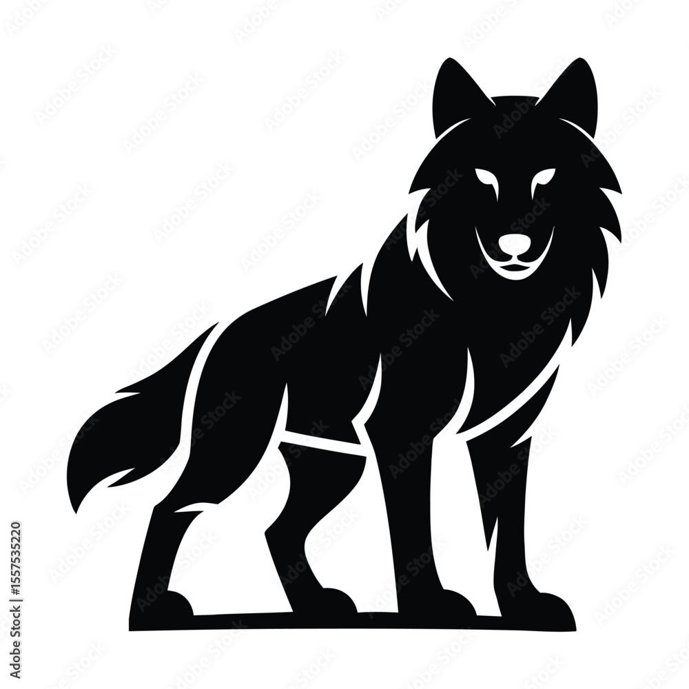 Obraz premium Black Wolf Silhouette Standing Majestically on White Background Stylized Canine Animal Graphic