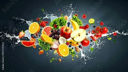 Fresh fruits and vegetables splashing with milk or yogurt on dark background.