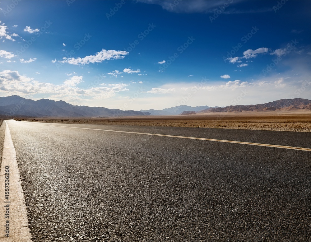 Fototapeta premium empty asphalt under a blue sky and rolling mountains in the distance