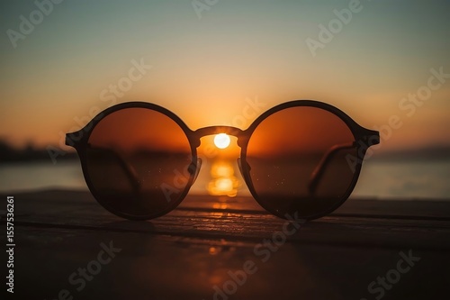 Wallpaper Mural Sunglasses resting on a wooden surface reflecting the warm glow of a beautiful sunset over the ocean Torontodigital.ca