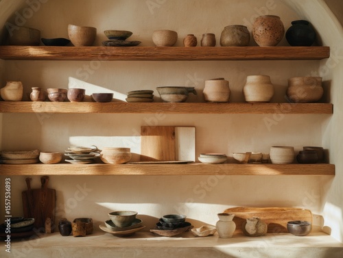 Wallpaper Mural A shelf with many bowls and vases on it. The vases are of different sizes and colors Torontodigital.ca