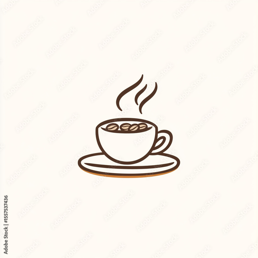 Obraz premium A minimalist line art illustration of a steaming cup of coffee with a saucer, featuring a simple, clean design with light beige and brown tones.