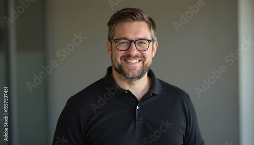 Engaging individual with a cheerful expression and stylish eyewear captured in a simple setting