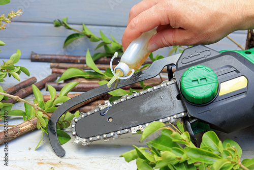 Fotografie lubricating a chainsaw cutting blade.
