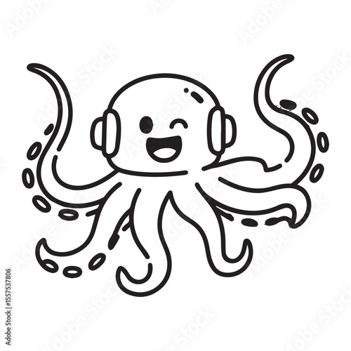 A black and white line art illustration of a happy cartoon octopus wearing headphones, winking, and smiling. This cute sea creature is perfect for kids' coloring pages, educational materials, music-th