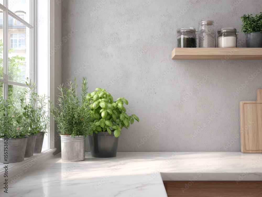 A kitchen with a window and a shelf with jars on it. There are three potted plants on the counter A kitchen with a window and a shelf with jars on it. There are three potted plants on the counter